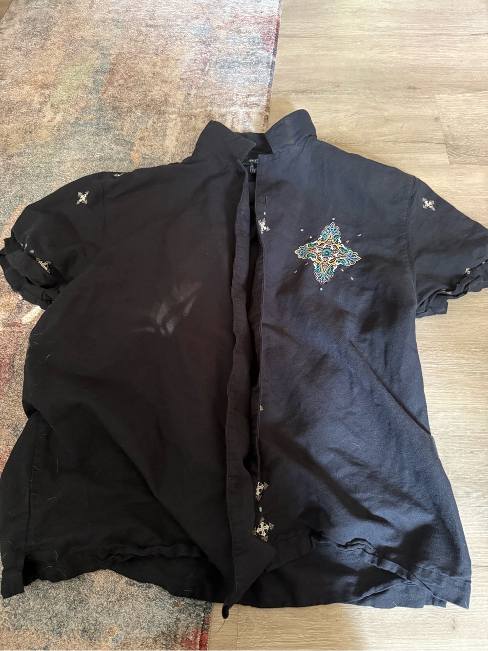 Forever 21 Black Short-Sleeve Button-Up Shirt with Teal Embroidered Medallion